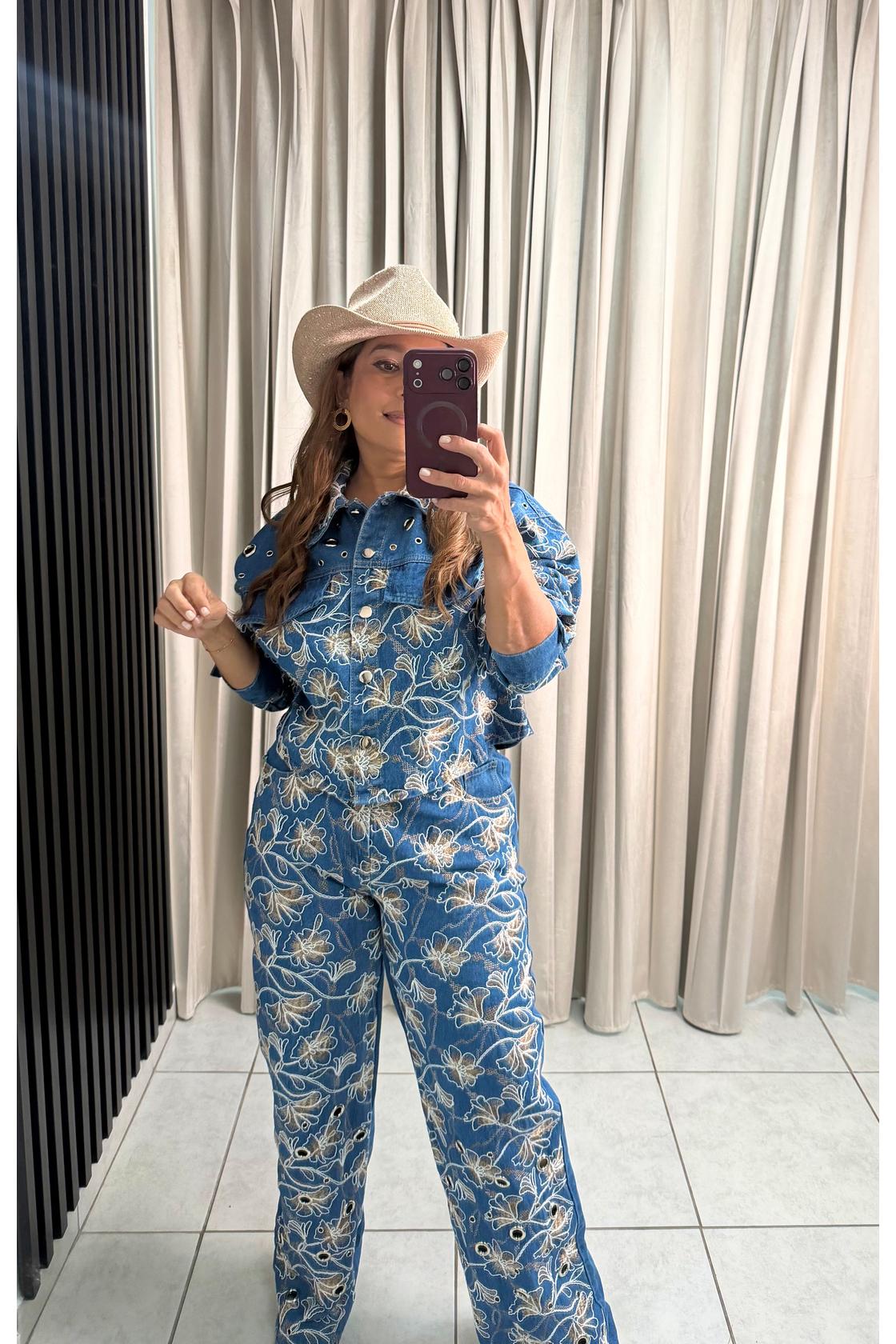 Floral Embroidered Denim Set